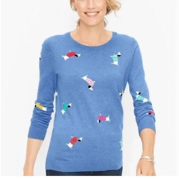 Talbots Sweaters - Talbots Lightweight Tossed Dachshund sweater size SP Novelty Knit Admiral Blue